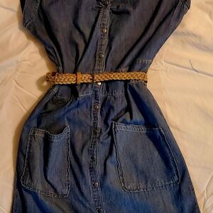 Jessica Simpson Blue Denim Button-Up Dress with Braided Tan Belt